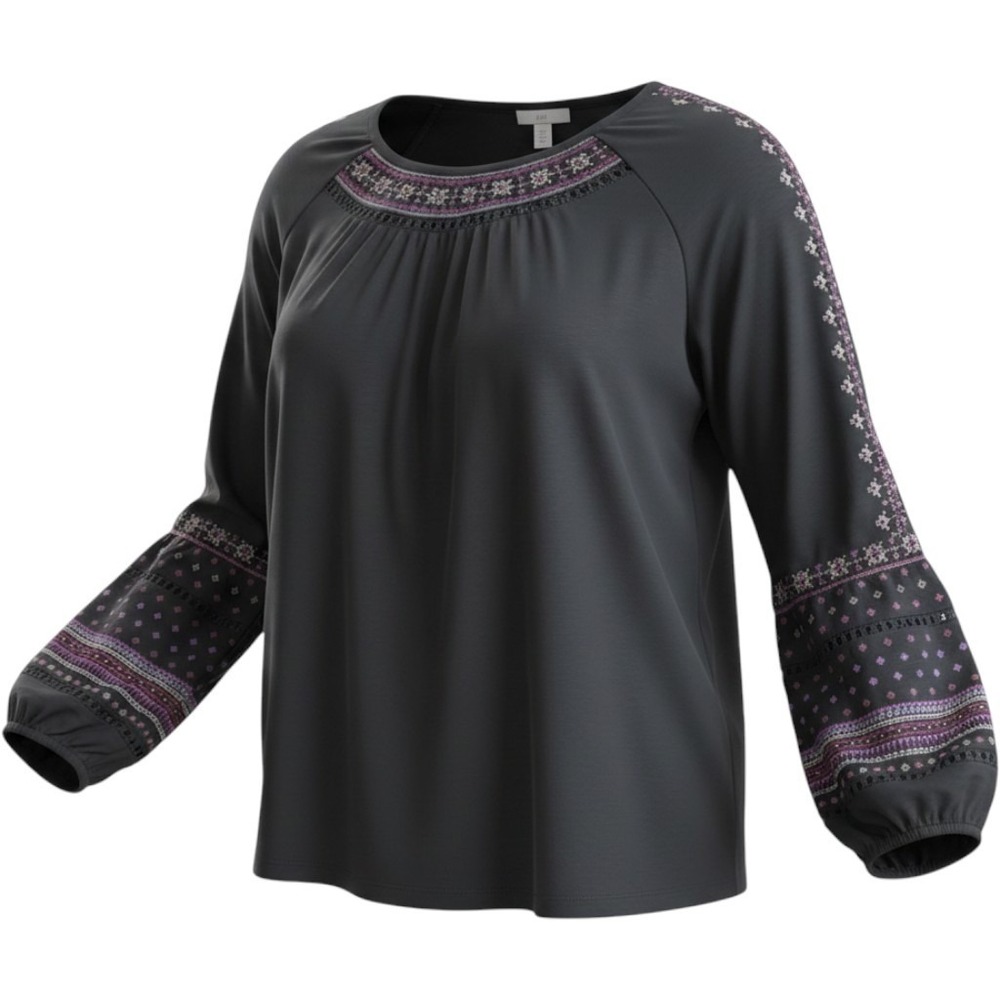 J. Jill Womens Black Embroidered Cotton Modal Long Sleeve Boho Blouse Top Medium